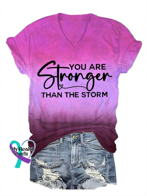 Women’s You Are Stronger Than The Storm Print V-Neck T-Shirt Fuchsia / S