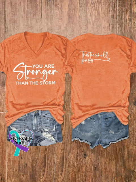 Women’s You Are Stronger Than The Storm Print V-Neck T-Shirt Orange / S