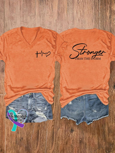 Women’s You Are Stronger Than The Storm Print V-Neck T-Shirt Orange / S