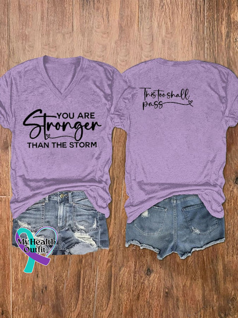Women’s You Are Stronger Than The Storm Print V-Neck T-Shirt Purple / S