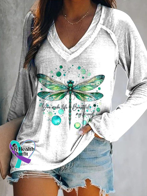 Women’s You Make Life Beautiful Dragonfly Art Print Casual V-Neck Long Sleeve Top White / S