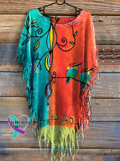 Women’s You Make My Heart Happy! Print Batwing Tassel Fringed Poncho Dress Multicolor / S