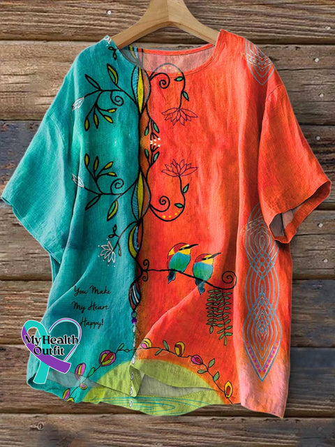 Women’s You Make My Heart Happy! Print Casual Linen Crew Neck Shirt Multicolor / S