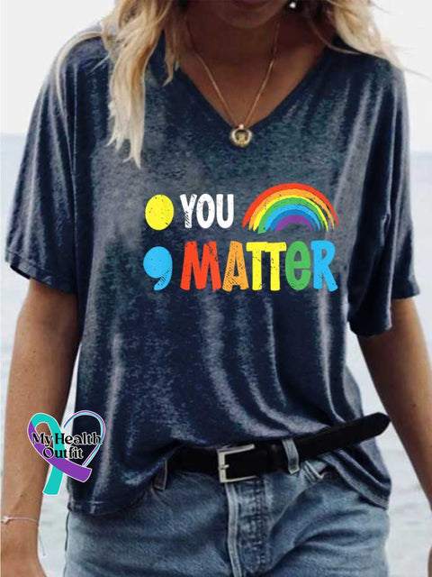 Women’s YOU MATTER Mental Health Awareness V-neck Casual T-Shirt Blue / S
