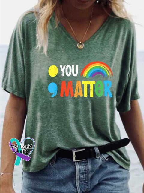 Women’s YOU MATTER Mental Health Awareness V-neck Casual T-Shirt Green / S