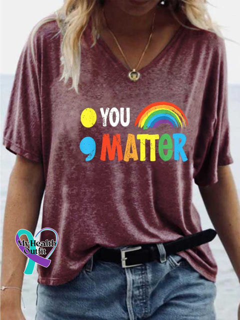 Women’s YOU MATTER Mental Health Awareness V-neck Casual T-Shirt Red / S