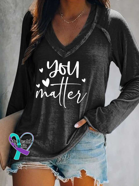 Women’s You Matter Print Casual V Neck Long Sleeve Tops Black / S