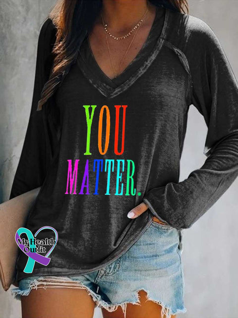 Women’s You Matter Print Casual V Neck Long Sleeve Tops Black / S
