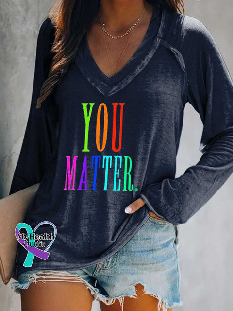 Women’s You Matter Print Casual V Neck Long Sleeve Tops Blue / S