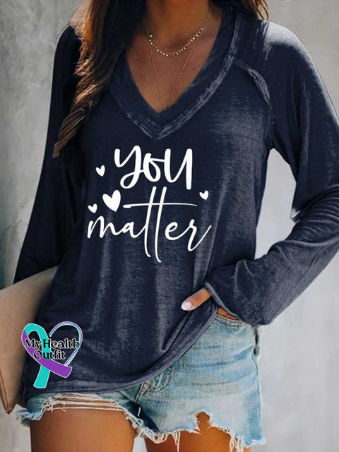 Women’s You Matter Print Casual V Neck Long Sleeve Tops Blue / S