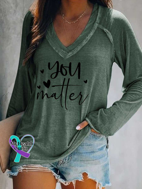 Women’s You Matter Print Casual V Neck Long Sleeve Tops Green / S