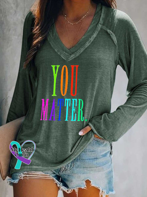 Women’s You Matter Print Casual V Neck Long Sleeve Tops Green / S