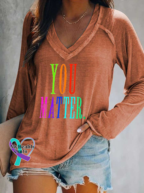 Women’s You Matter Print Casual V Neck Long Sleeve Tops Orange / S