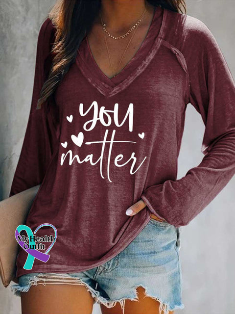 Women’s You Matter Print Casual V Neck Long Sleeve Tops Red / S