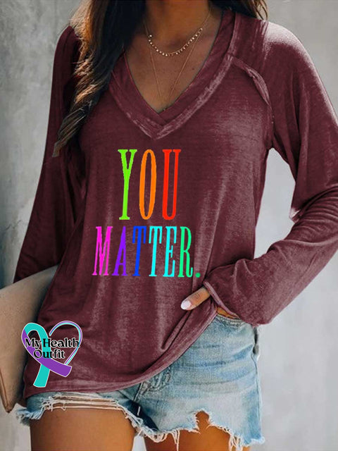 Women’s You Matter Print Casual V Neck Long Sleeve Tops Red / S