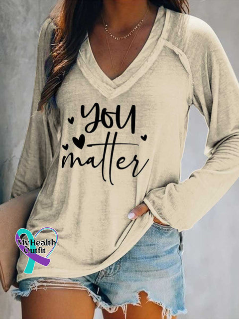 Women’s You Matter Print Casual V Neck Long Sleeve Tops Sand / S