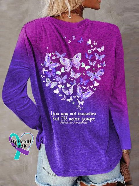 Women’s You May Not Remember Alzheimer Awareness Butterfly Heart Gradient Long-Sleeve T-Shirt