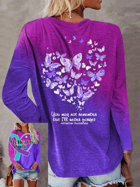 Women’s You May Not Remember Alzheimer Awareness Butterfly Heart Gradient Long-Sleeve T-Shirt
