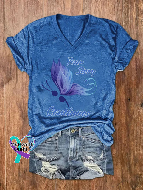 Women’s Your Story Continues Print Casual V Neck T-Shirt Blue / S