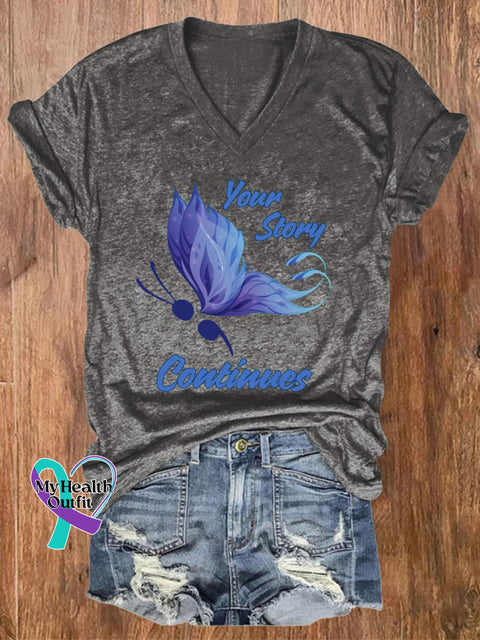 Women’s Your Story Continues Print Casual V Neck T-Shirt Dark Grey / S