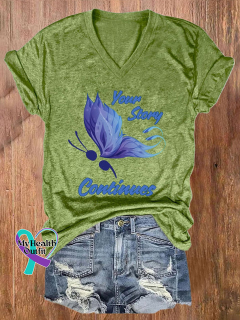 Women’s Your Story Continues Print Casual V Neck T-Shirt Green / S
