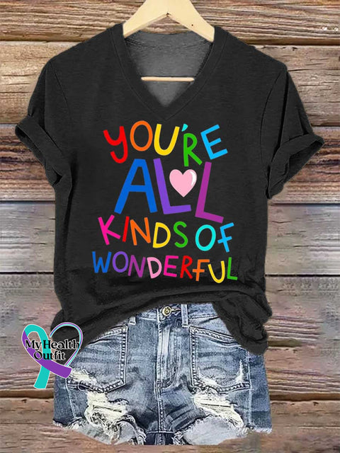 Women’s YOU’RE ALL KINDS OF WONDERFUL Mental Health Awareness V-neck Casual T-Shirt Black / S