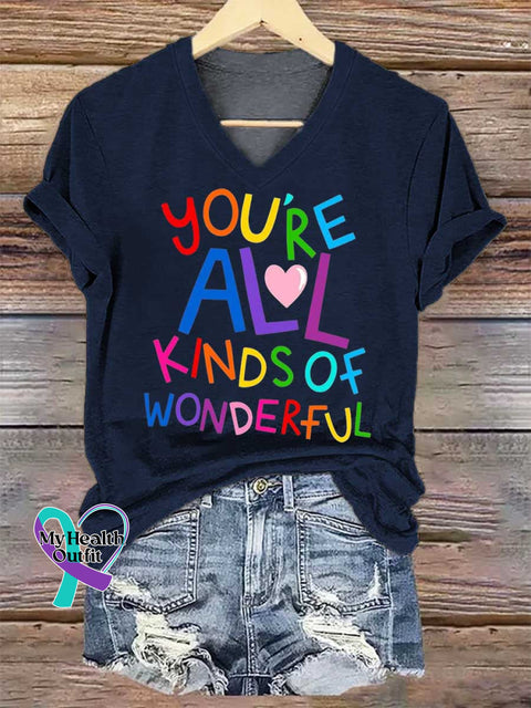 Women’s YOU’RE ALL KINDS OF WONDERFUL Mental Health Awareness V-neck Casual T-Shirt Blue / S