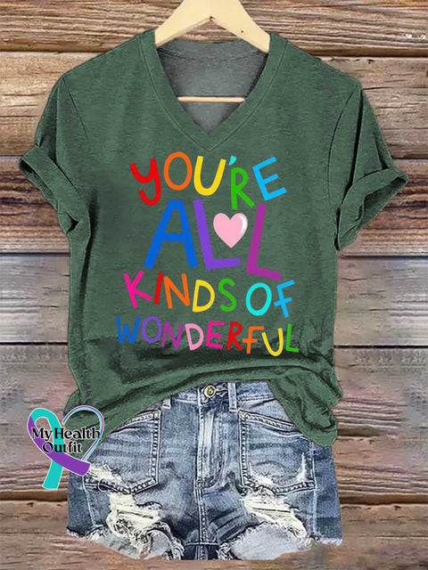 Women’s YOU’RE ALL KINDS OF WONDERFUL Mental Health Awareness V-neck Casual T-Shirt Green / S