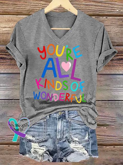 Women’s YOU’RE ALL KINDS OF WONDERFUL Mental Health Awareness V-neck Casual T-Shirt Grey / S
