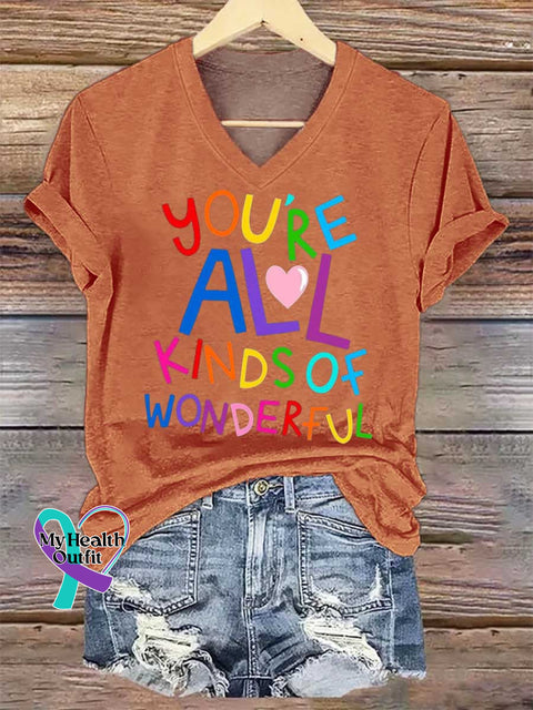 Women’s YOU’RE ALL KINDS OF WONDERFUL Mental Health Awareness V-neck Casual T-Shirt Orange / S