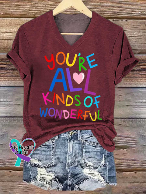 Women’s YOU’RE ALL KINDS OF WONDERFUL Mental Health Awareness V-neck Casual T-Shirt Red / S