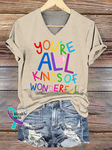 Women’s YOU’RE ALL KINDS OF WONDERFUL Mental Health Awareness V-neck Casual T-Shirt Sand / S
