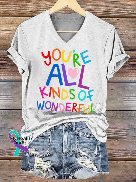 Women’s YOU’RE ALL KINDS OF WONDERFUL Mental Health Awareness V-neck Casual T-Shirt White / S