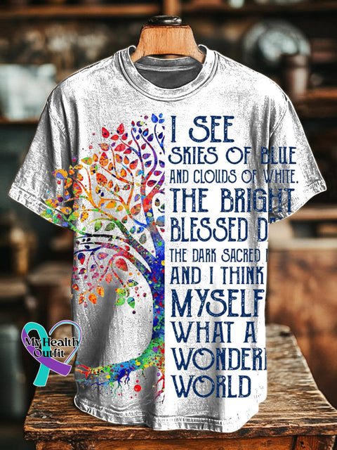 Wonderful World Big Tree Mind Positive Slogan Print Casual Unisex Crew Neck Short Sleeve T-Shirt Multicolor / S