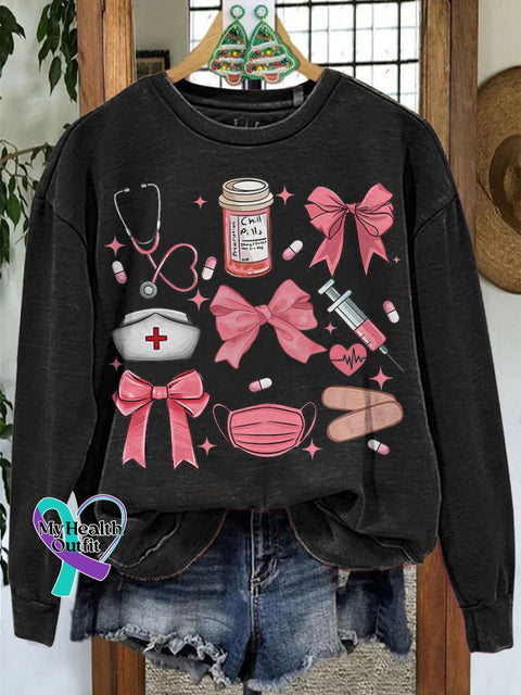 Work Cute Nurse Coquette Bow Casual Sweatshirt Black / S