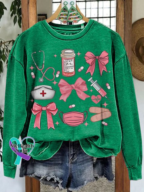 Work Cute Nurse Coquette Bow Casual Sweatshirt Green / S