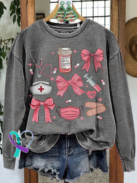 Work Cute Nurse Coquette Bow Casual Sweatshirt Grey / S