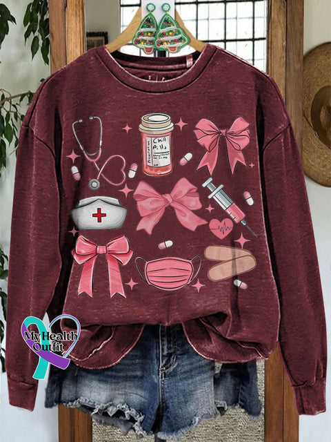 Work Cute Nurse Coquette Bow Casual Sweatshirt Maroon / S