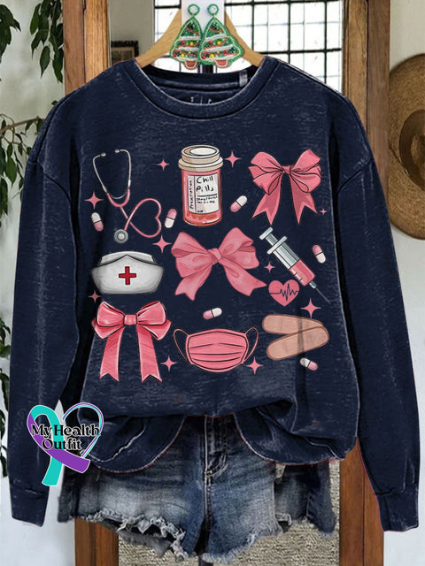 Work Cute Nurse Coquette Bow Casual Sweatshirt Navyblue / S