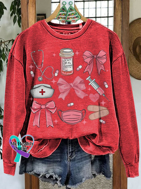 Work Cute Nurse Coquette Bow Casual Sweatshirt Red / S
