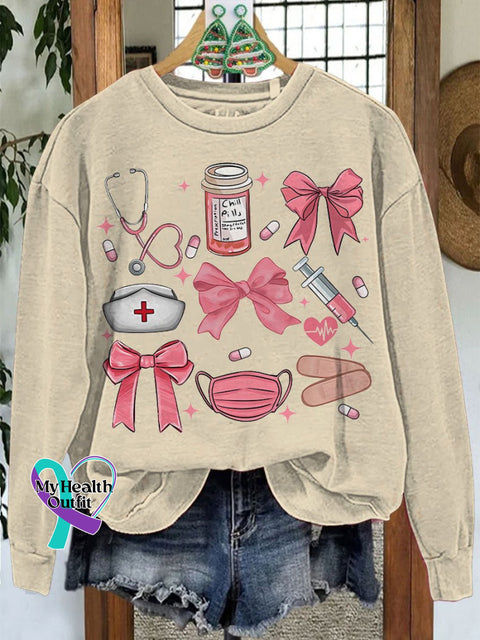 Work Cute Nurse Coquette Bow Casual Sweatshirt Sand / S