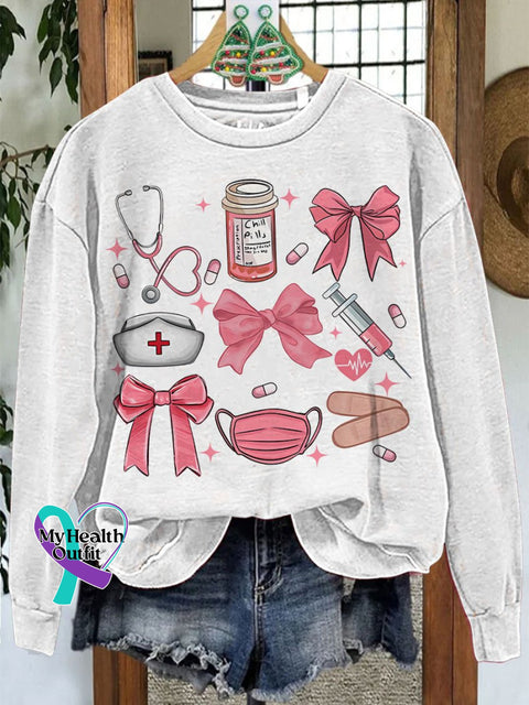 Work Cute Nurse Coquette Bow Casual Sweatshirt White / S