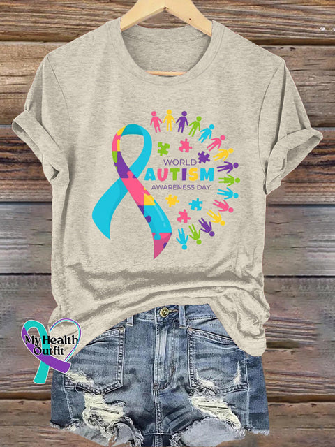 World Autism Awareness Day Printed Casual Crew Neck Short Sleeve T-Shirt Beige / S