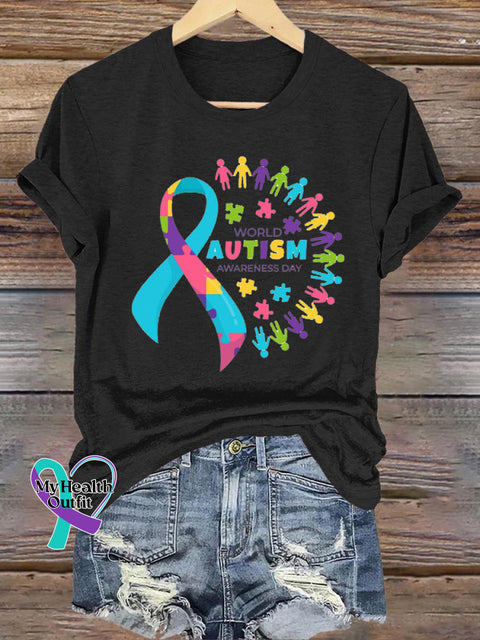 World Autism Awareness Day Printed Casual Crew Neck Short Sleeve T-Shirt Black / S