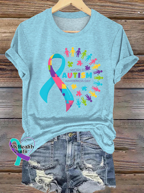 World Autism Awareness Day Printed Casual Crew Neck Short Sleeve T-Shirt Blue / S