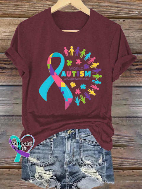 World Autism Awareness Day Printed Casual Crew Neck Short Sleeve T-Shirt Brown / S