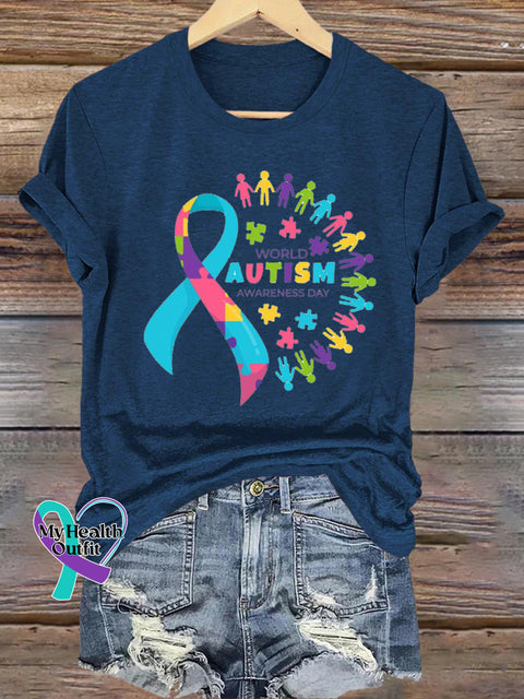 World Autism Awareness Day Printed Casual Crew Neck Short Sleeve T-Shirt NavyBlue / S
