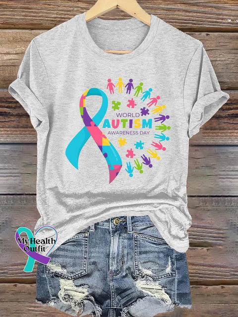 World Autism Awareness Day Printed Casual Crew Neck Short Sleeve T-Shirt White / S