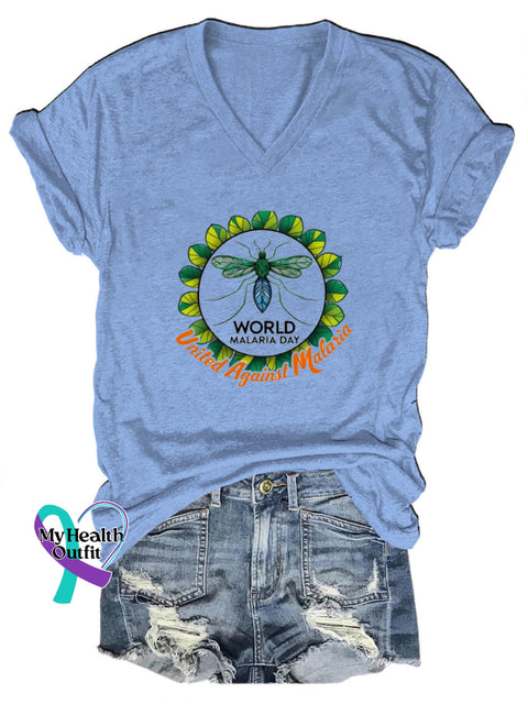 World Malaria Day Printed Casual V-Neck Short Sleeve T-Shirt Blue / S
