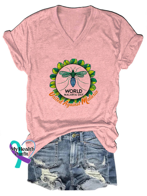 World Malaria Day Printed Casual V-Neck Short Sleeve T-Shirt Pink / S